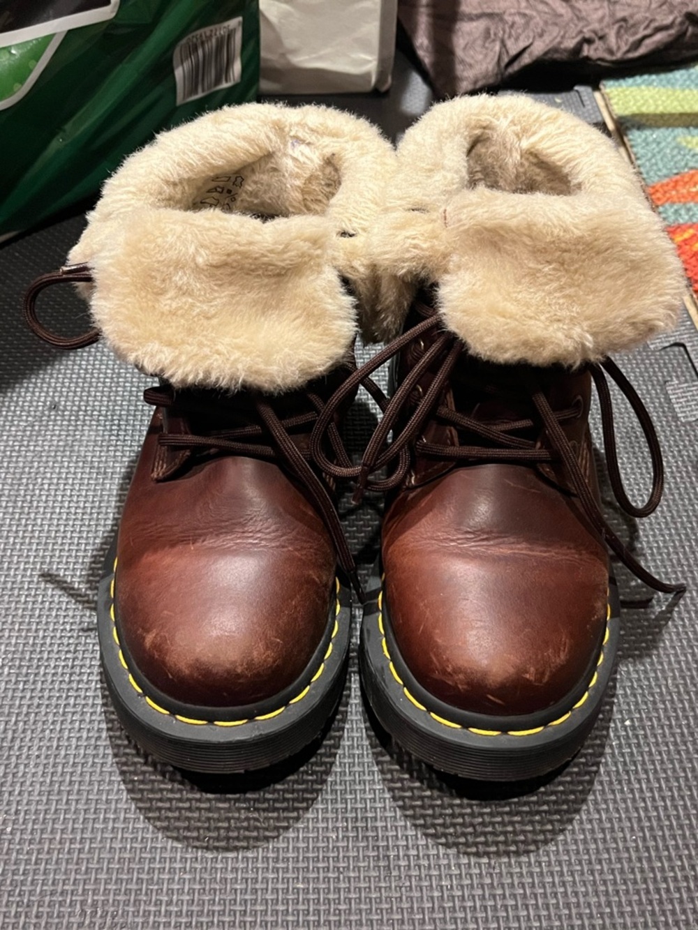 Brown Leather Faux-Fur-Lined Lace-Up Doc Martens